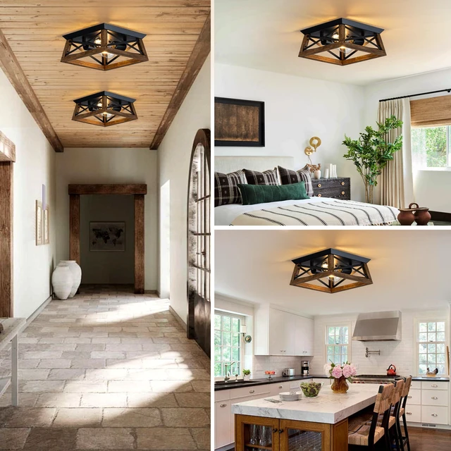 Alt view image 5 of 7 - 2-Light Farmhouse Light Fixture, Rustic Ceiling Light with Wood and Metal Design, Wood Ceiling Light for Kitchen, Hallway, Entryway, Cabinet, Living Room