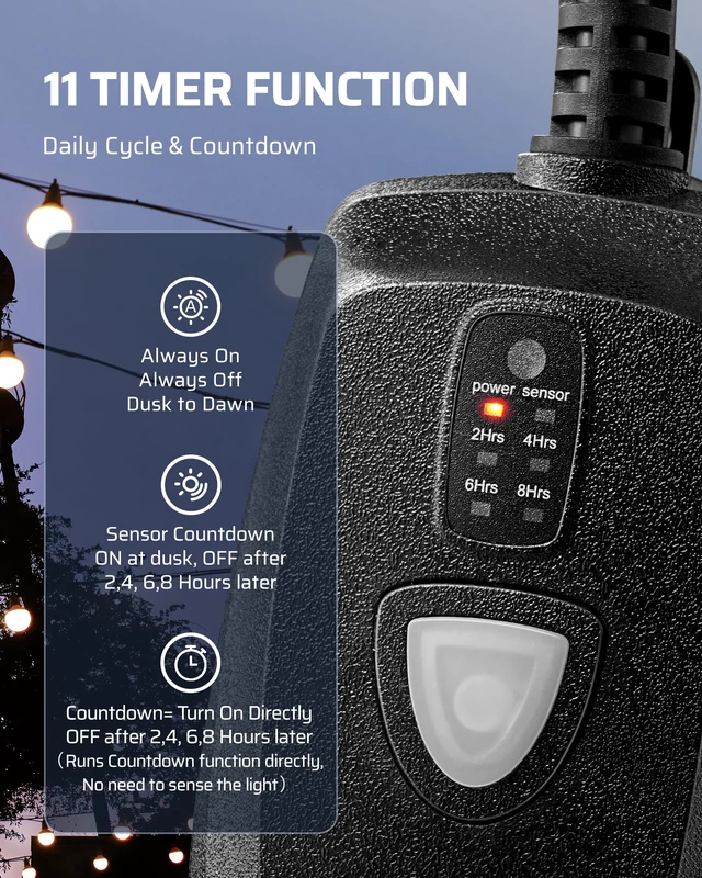 Alt view image 2 of 7 - Outdoor Light Timer, Outdoor Timer Outlet,100FT Remote Control 11 Modes, 125V, 60Hz, 15A, Waterproof Outdoor Timer Outlet for String LightsPump, Sprinkler, Fountain, Black