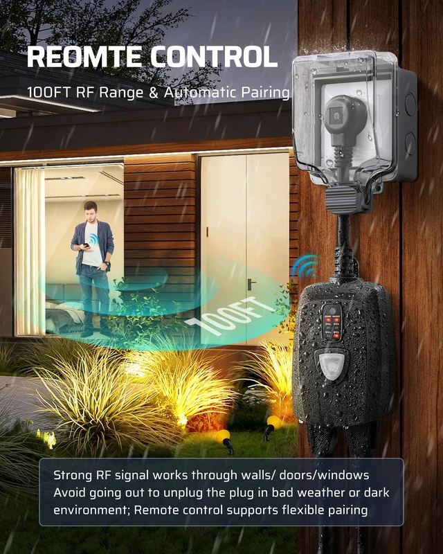 Alt view image 3 of 7 - Outdoor Light Timer, Outdoor Timer Outlet,100FT Remote Control 11 Modes, 125V, 60Hz, 15A, Waterproof Outdoor Timer Outlet for String LightsPump, Sprinkler, Fountain, Black