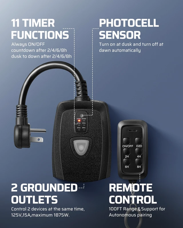 Alt view image 5 of 7 - Outdoor Light Timer, Outdoor Timer Outlet,100FT Remote Control 11 Modes, 125V, 60Hz, 15A, Waterproof Outdoor Timer Outlet for String LightsPump, Sprinkler, Fountain, Black