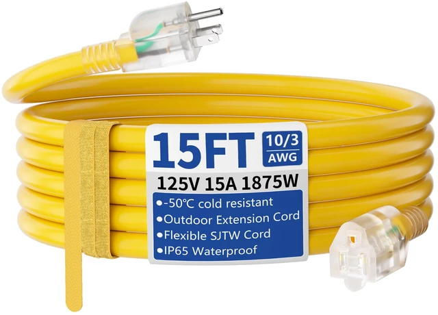 Main image of 15ft Outdoor/Indoor Extension Cord with Lighted 10/3 Gauge Yellow 3 Prong, Heavy Duty, SJTW, Waterproof, Flexible Cold-Resistant extension cord for Home, Work or Construction, 15A 125V 1875W