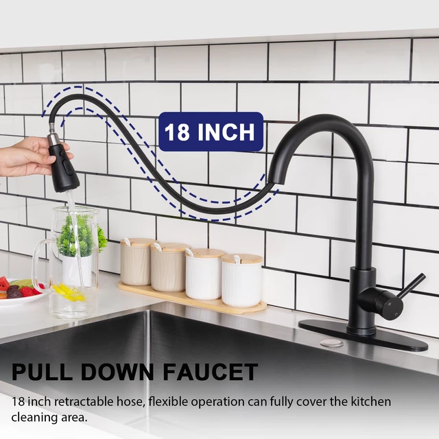 Alt view image 3 of 7 - Kitchen Faucet with Pull Down Sprayer, Matte Black SUS 304 Stainless Steel, Lead-Free, Leak Resistant, 3-Mode Spray, Easy Install, 1 or 3 Hole for Farmhouse Laundry RV Wet Bar