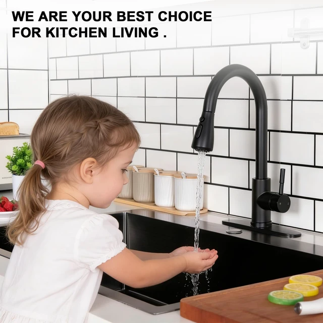 Alt view image 2 of 7 - Kitchen Faucet with Pull Down Sprayer, Matte Black SUS 304 Stainless Steel, Lead-Free, Leak Resistant, 3-Mode Spray, Easy Install, 1 or 3 Hole for Farmhouse Laundry RV Wet Bar