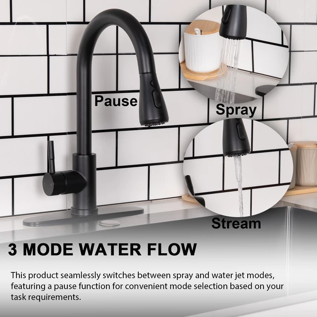 Alt view image 5 of 7 - Kitchen Faucet with Pull Down Sprayer, Matte Black SUS 304 Stainless Steel, Lead-Free, Leak Resistant, 3-Mode Spray, Easy Install, 1 or 3 Hole for Farmhouse Laundry RV Wet Bar
