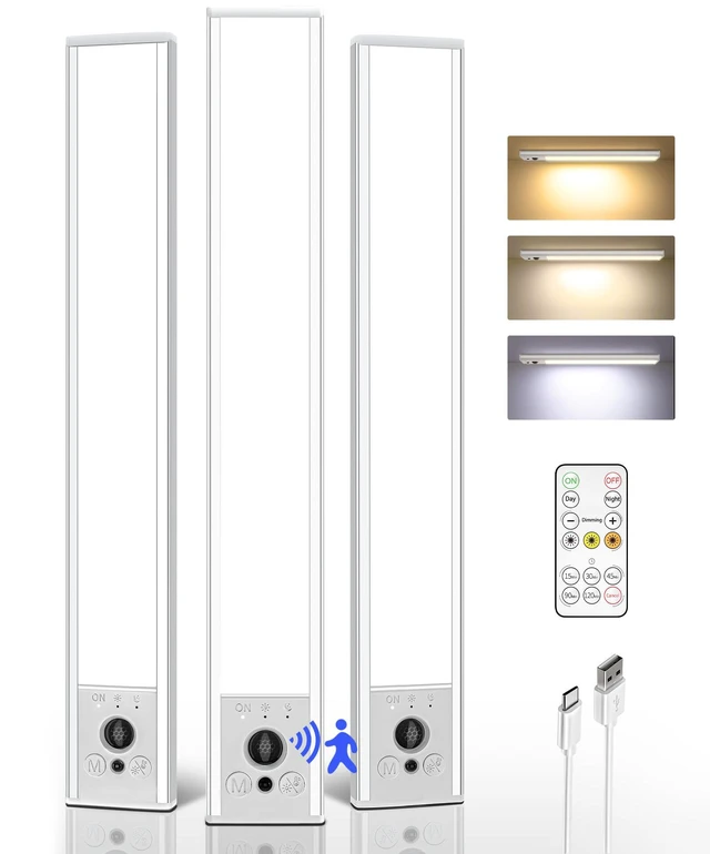 Main image of 3-Pack 12inch Under Cabinet Lighting with Remote, 3300mAh Rechargeable Motion Sensor Lights, Magnetic Dimmable Closet Light, 3 Color Temps Wireless Lights for Kitchen, Pantry, Stair