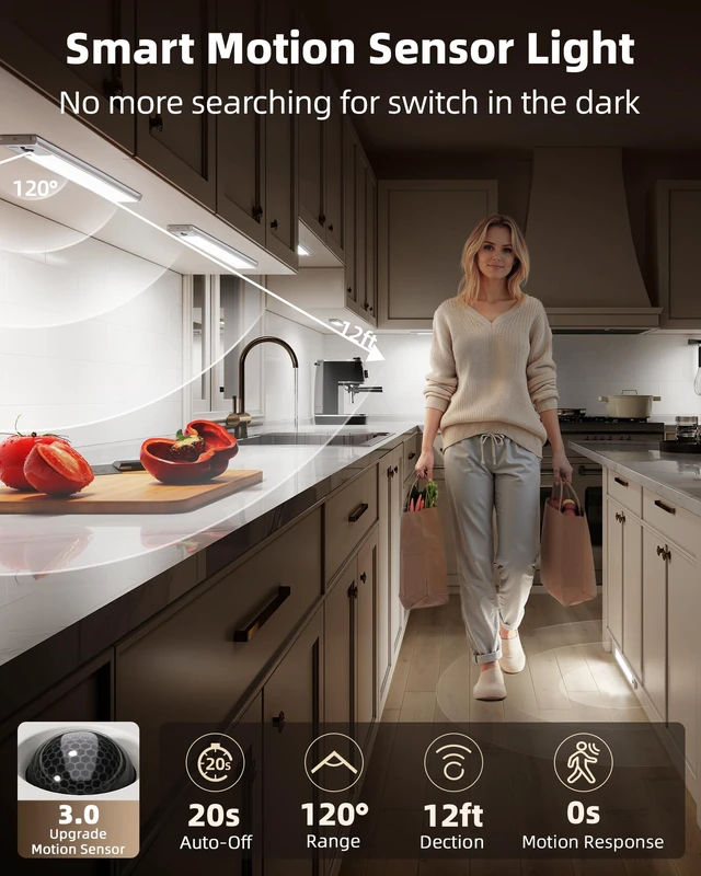 Alt view image 3 of 7 - 3-Pack 12inch Under Cabinet Lighting with Remote, 3300mAh Rechargeable Motion Sensor Lights, Magnetic Dimmable Closet Light, 3 Color Temps Wireless Lights for Kitchen, Pantry, Stair