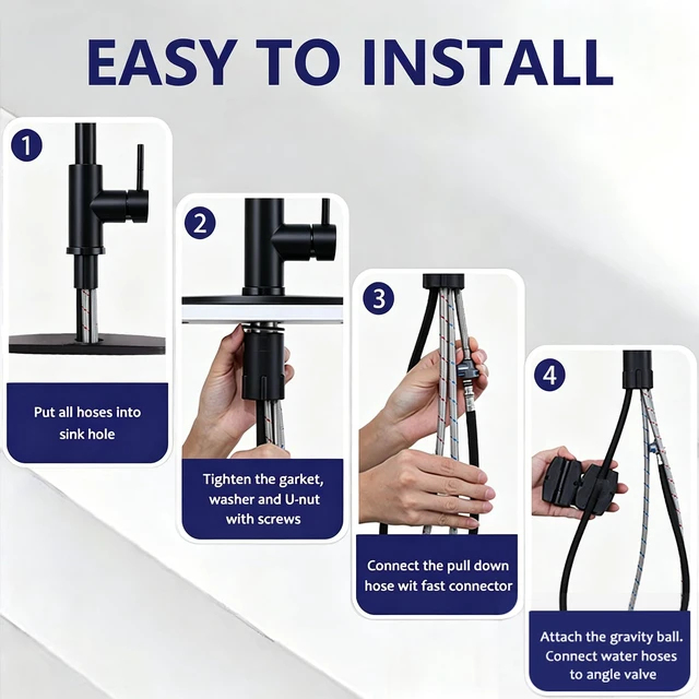 Alt view image 6 of 7 - Kitchen Faucet with Pull Down Sprayer, Matte Black SUS 304 Stainless Steel, Lead-Free, Leak Resistant, 3-Mode Spray, Easy Install, 1 or 3 Hole for Farmhouse Laundry RV Wet Bar