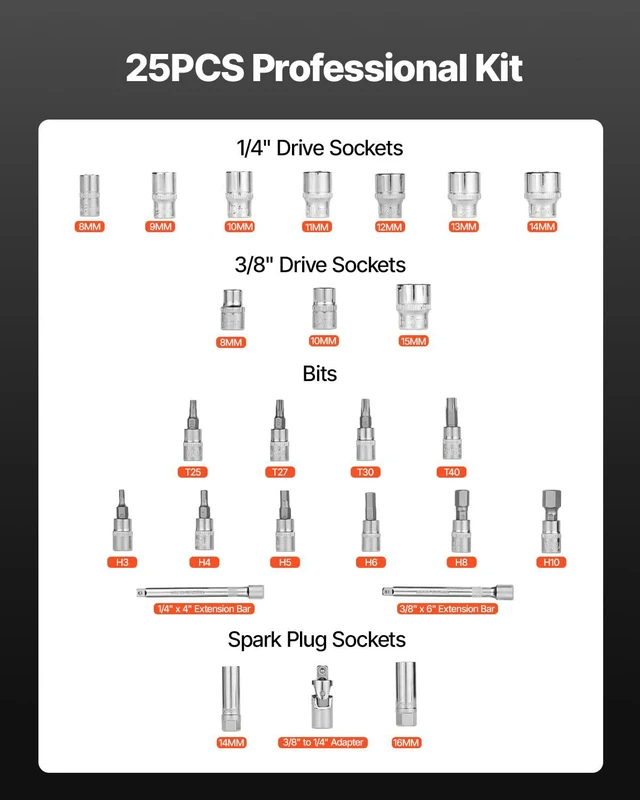 Alt view image 2 of 7 - 26Pcs Torque Wrench Set, 3/8 Inch Drive, 3.7-44.3FT.LB(5-60Nm), 72-Tooth Click Torque Wrench with Hex/Torx/Spark Plug Sockets, Extension Bars, 1/4 Adapter, for Bicycle Motorcycle Maintenance
