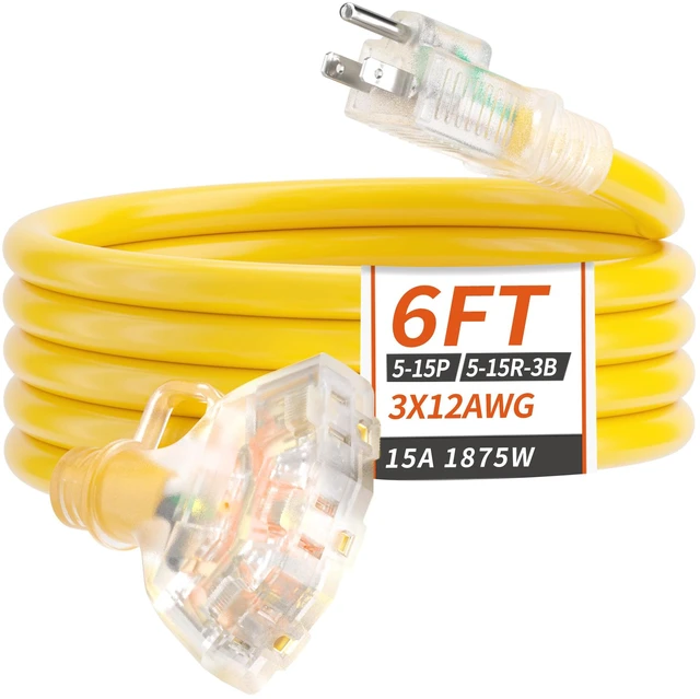 Main image of 6 FT 12 Gauge Yellow Heavy Duty Outdoor Extension Cord Waterproof Extension Cord with Multiple Outlets Light Indicator, 12AWG 3 Outlet, Flexible SJTW, 15A 1875W, ETL Listed, Indoor/Outdoor