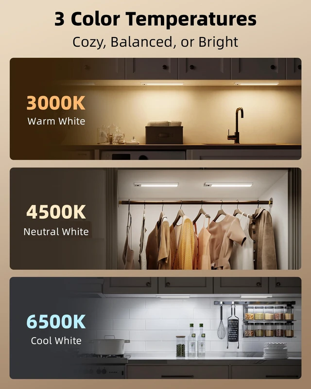 Alt view image 7 of 7 - 3-Pack 12inch Under Cabinet Lighting with Remote, 3300mAh Rechargeable Motion Sensor Lights, Magnetic Dimmable Closet Light, 3 Color Temps Wireless Lights for Kitchen, Pantry, Stair