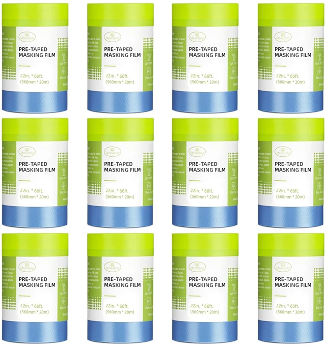 Main image of Pre-Taped Masking Film for Painting - 22" x 66' Painters Plastic Sheeting with Automotive Paint Tape and Drape for Covering Cars, Walls, Windows and Furniture Protection (12 Rolls)