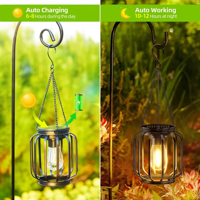 Alt view image 3 of 7 - Solar Hanging Lanterns Outdoor Waterproof: 4 Pack Metal Solar-Powered Lights with Hook, Bright Warm Lantern Decor for Outside, Classic Outdoor Lighting for Yard Garden Patio Porch Balcony Decorations