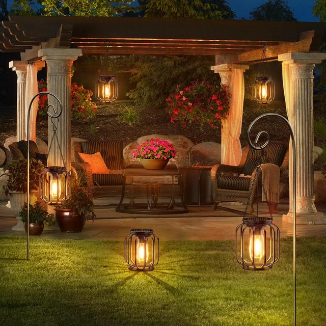 Alt view image 6 of 7 - Solar Hanging Lanterns Outdoor Waterproof: 4 Pack Metal Solar-Powered Lights with Hook, Bright Warm Lantern Decor for Outside, Classic Outdoor Lighting for Yard Garden Patio Porch Balcony Decorations