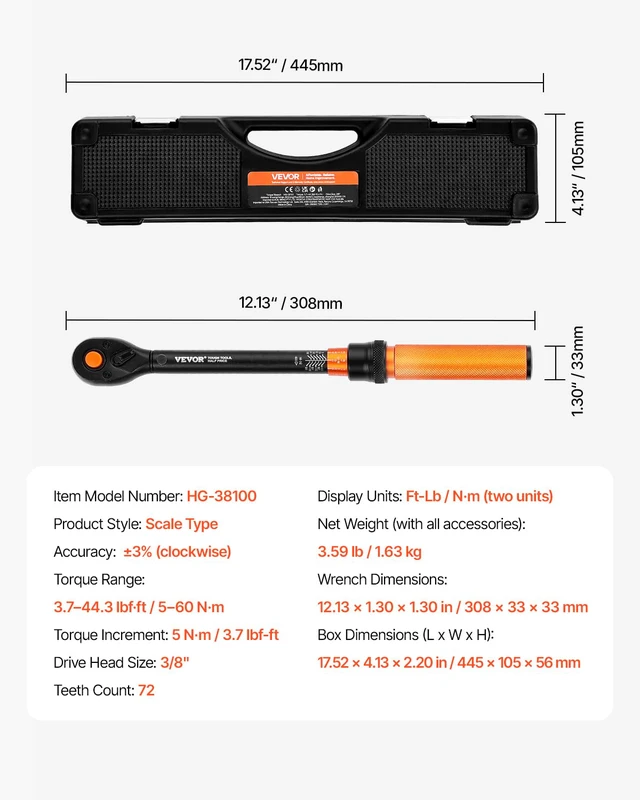 Alt view image 7 of 7 - 26Pcs Torque Wrench Set, 3/8 Inch Drive, 3.7-44.3FT.LB(5-60Nm), 72-Tooth Click Torque Wrench with Hex/Torx/Spark Plug Sockets, Extension Bars, 1/4 Adapter, for Bicycle Motorcycle Maintenance