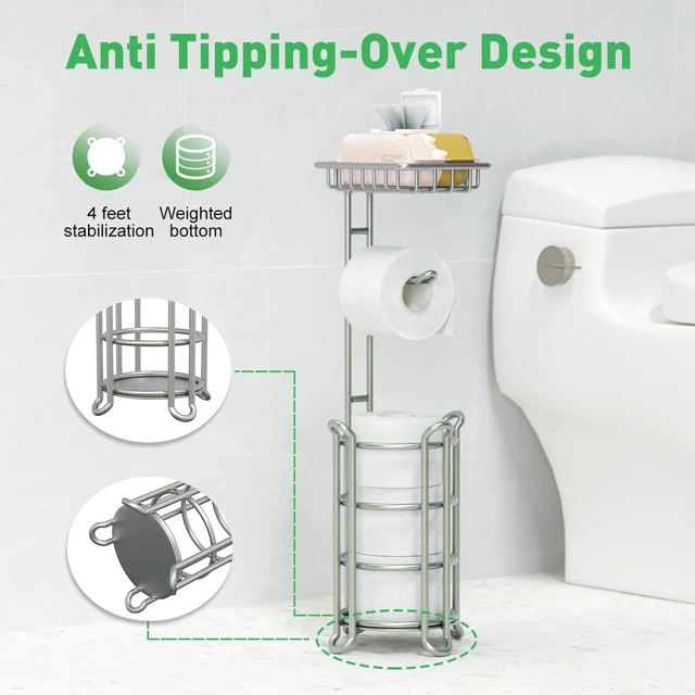Alt view image 2 of 7 - Toilet Paper Holder Stand Bathroom Tissue Dispenser Holders Rack Free Standing with Extra Shelf Storage Mega Rolls/Phone/Wipe - Silver