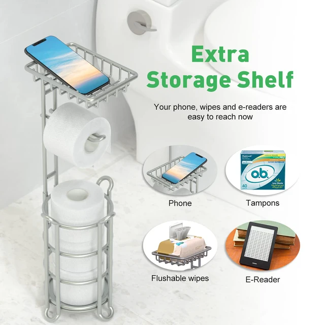 Alt view image 4 of 7 - Toilet Paper Holder Stand Bathroom Tissue Dispenser Holders Rack Free Standing with Extra Shelf Storage Mega Rolls/Phone/Wipe - Silver