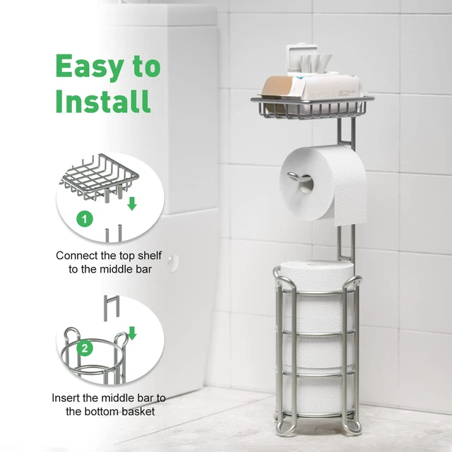 Alt view image 5 of 7 - Toilet Paper Holder Stand Bathroom Tissue Dispenser Holders Rack Free Standing with Extra Shelf Storage Mega Rolls/Phone/Wipe - Silver