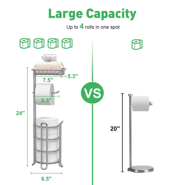Alt view image 6 of 7 - Toilet Paper Holder Stand Bathroom Tissue Dispenser Holders Rack Free Standing with Extra Shelf Storage Mega Rolls/Phone/Wipe - Silver