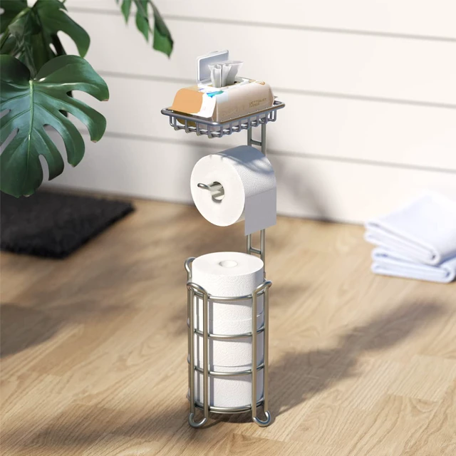 Alt view image 7 of 7 - Toilet Paper Holder Stand Bathroom Tissue Dispenser Holders Rack Free Standing with Extra Shelf Storage Mega Rolls/Phone/Wipe - Silver