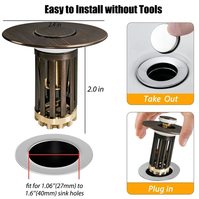 Alt view image 2 of 6 - 3 in 1 Pop Up Bathroom Sink Stopper, Bathroom Sink Drain Strainer with Removable Basket Hair Catcher, Universal Sink Plug Cover for 1.06 in to 1.6 in Drain, Oil Rubbed Bronze