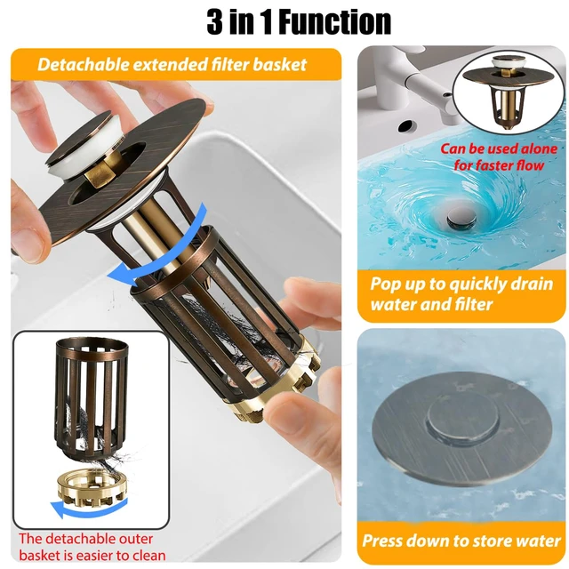 Alt view image 3 of 6 - 3 in 1 Pop Up Bathroom Sink Stopper, Bathroom Sink Drain Strainer with Removable Basket Hair Catcher, Universal Sink Plug Cover for 1.06 in to 1.6 in Drain, Oil Rubbed Bronze