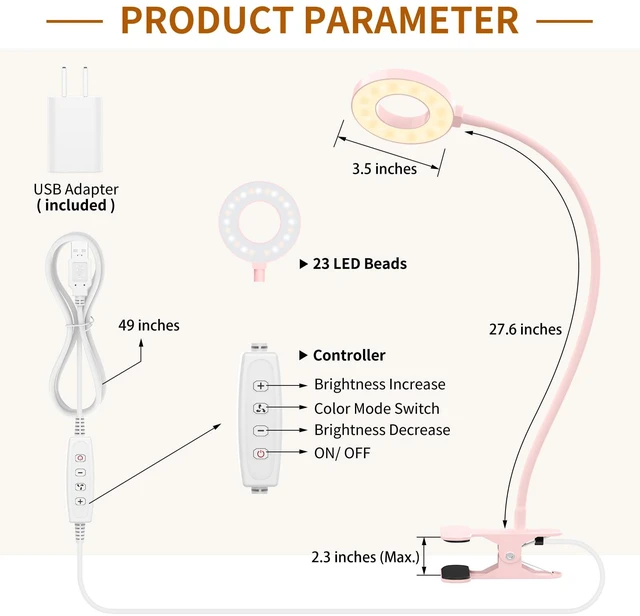 Alt view image 6 of 7 - LED Desk Lamp with Clamp, Reading Light with 3 Color Modes & 10 Brightness Levels, Flexible Arm Book Light for Kids Reading in Bed at Night, Clip on Table, Computer, Zoom Meetings - 27.6'' Pink