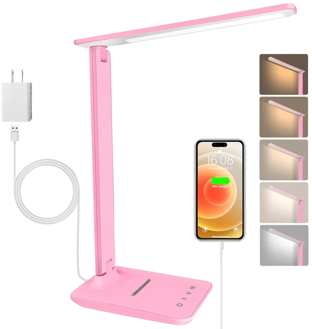 Main image of LED Desk Lamp Dimmable Table Lamp Reading Lamp with USB Charging Port, 5 Lighting Modes, Sensitive Control, 30/60 Minutes Timer Pink (Pink, First-Generation)