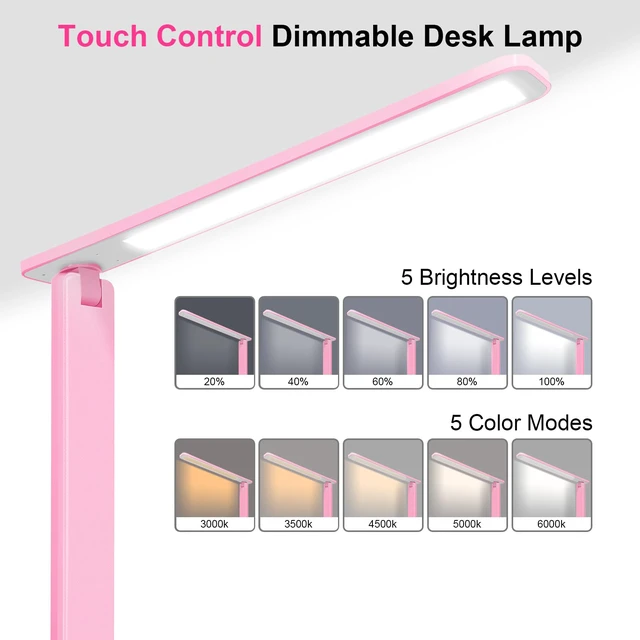 Alt view image 2 of 7 - LED Desk Lamp Dimmable Table Lamp Reading Lamp with USB Charging Port, 5 Lighting Modes, Sensitive Control, 30/60 Minutes Timer Pink (Pink, First-Generation)