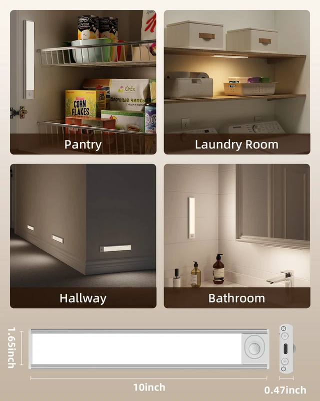 Alt view image 6 of 7 - 10inch Under Cabinet Lighting Wireless, 3-Pack Rechargeable Battery Motion Sensor Light Indoor, LED Closet Lights USB Charging,3 Color Dimmable Under Cabinet Lights for Kitchen, Cabinet, Wardrobe