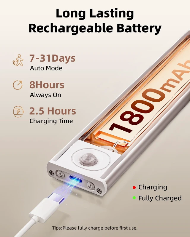 Alt view image 3 of 7 - 10inch Under Cabinet Lighting Wireless, 3-Pack Rechargeable Battery Motion Sensor Light Indoor, LED Closet Lights USB Charging,3 Color Dimmable Under Cabinet Lights for Kitchen, Cabinet, Wardrobe