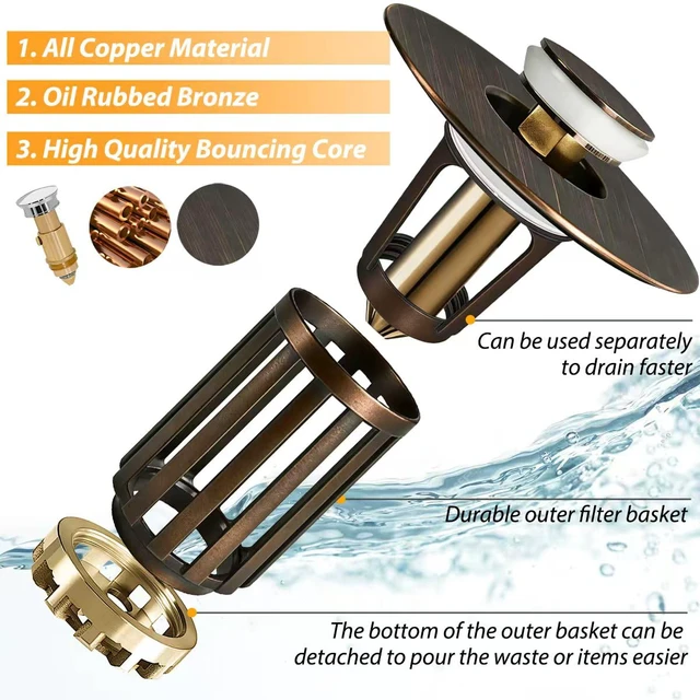 Alt view image 6 of 6 - 3 in 1 Pop Up Bathroom Sink Stopper, Bathroom Sink Drain Strainer with Removable Basket Hair Catcher, Universal Sink Plug Cover for 1.06 in to 1.6 in Drain, Oil Rubbed Bronze