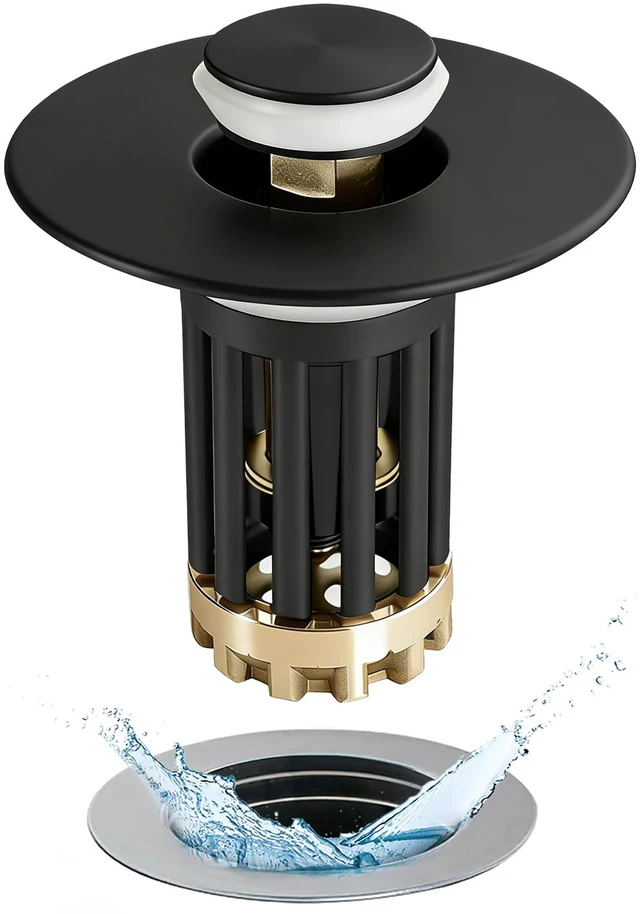 Main image of 3 in 1 Pop Up Bathroom Sink Stopper, Bathroom Sink Drain Strainer with Removable Basket Hair Catcher, Universal Sink Plug Cover for 1.06 in to 1.6 in Drain, Matte Black