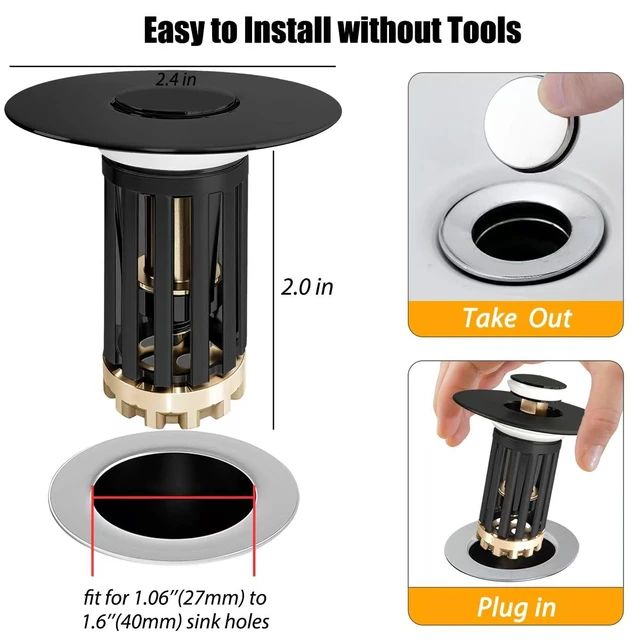 Alt view image 2 of 6 - 3 in 1 Pop Up Bathroom Sink Stopper, Bathroom Sink Drain Strainer with Removable Basket Hair Catcher, Universal Sink Plug Cover for 1.06 in to 1.6 in Drain, Matte Black