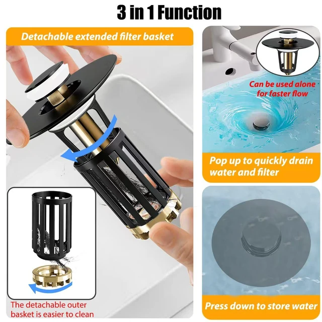 Alt view image 3 of 6 - 3 in 1 Pop Up Bathroom Sink Stopper, Bathroom Sink Drain Strainer with Removable Basket Hair Catcher, Universal Sink Plug Cover for 1.06 in to 1.6 in Drain, Matte Black