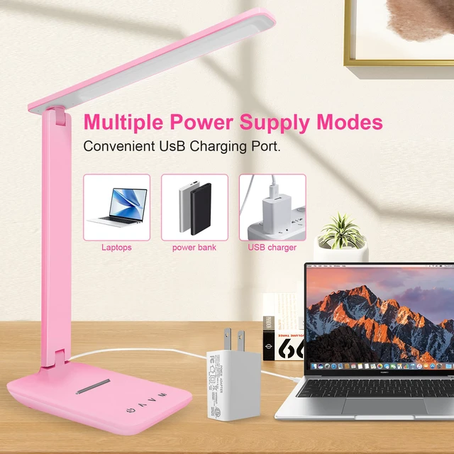 Alt view image 5 of 7 - LED Desk Lamp Dimmable Table Lamp Reading Lamp with USB Charging Port, 5 Lighting Modes, Sensitive Control, 30/60 Minutes Timer Pink (Pink, First-Generation)