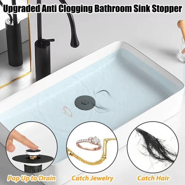 Alt view image 5 of 6 - 3 in 1 Pop Up Bathroom Sink Stopper, Bathroom Sink Drain Strainer with Removable Basket Hair Catcher, Universal Sink Plug Cover for 1.06 in to 1.6 in Drain, Matte Black