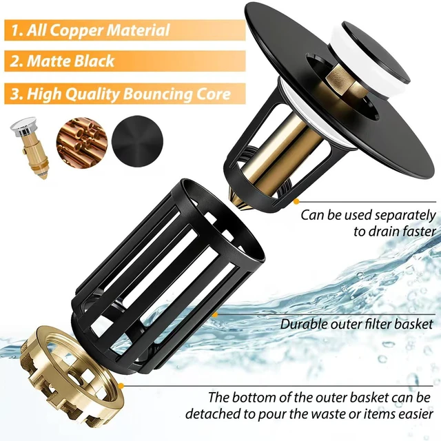 Alt view image 6 of 6 - 3 in 1 Pop Up Bathroom Sink Stopper, Bathroom Sink Drain Strainer with Removable Basket Hair Catcher, Universal Sink Plug Cover for 1.06 in to 1.6 in Drain, Matte Black
