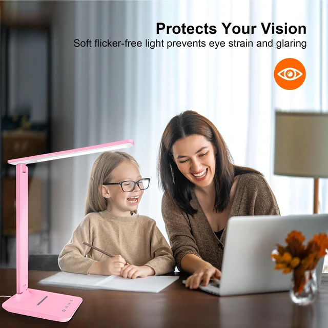 Alt view image 7 of 7 - LED Desk Lamp Dimmable Table Lamp Reading Lamp with USB Charging Port, 5 Lighting Modes, Sensitive Control, 30/60 Minutes Timer Pink (Pink, First-Generation)
