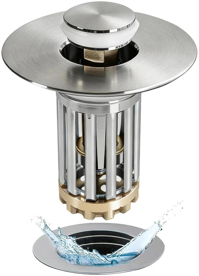 Main image of 3 in 1 Pop Up Bathroom Sink Stopper, Bathroom Sink Drain Strainer with Removable Basket Hair Catcher, Universal Sink Plug Cover for 1.06 in to 1.6 in Drain, Brushed Nickel