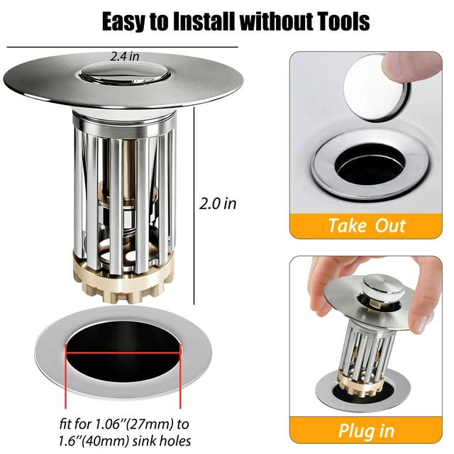 Alt view image 2 of 6 - 3 in 1 Pop Up Bathroom Sink Stopper, Bathroom Sink Drain Strainer with Removable Basket Hair Catcher, Universal Sink Plug Cover for 1.06 in to 1.6 in Drain, Brushed Nickel