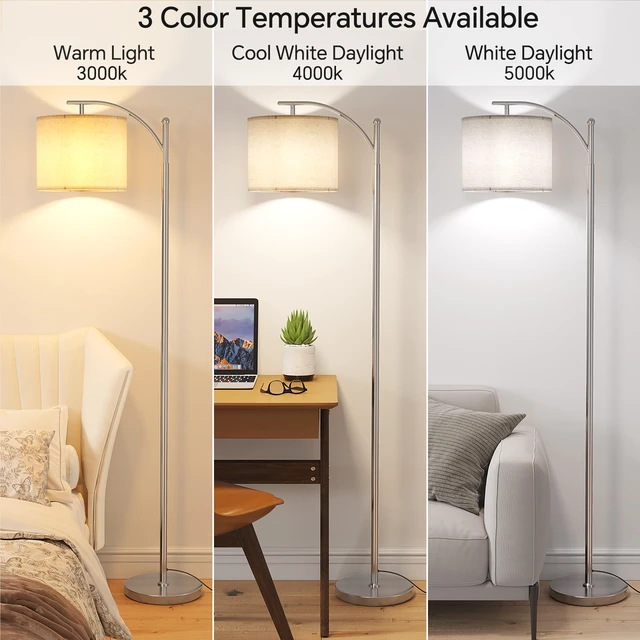 Alt view image 2 of 7 - Arc Floor Lamp, Modern Floor Lamp with 9W 3 Color Temperatures Bulb Metal Standing Lamps with Adjustable Hanging Lampshade,Tall Floor Lamps for Living Room,Bedroom, Office, Nickel