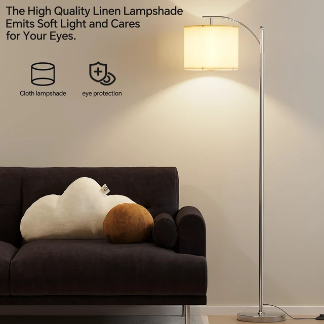 Alt view image 5 of 7 - Arc Floor Lamp, Modern Floor Lamp with 9W 3 Color Temperatures Bulb Metal Standing Lamps with Adjustable Hanging Lampshade,Tall Floor Lamps for Living Room,Bedroom, Office, Nickel