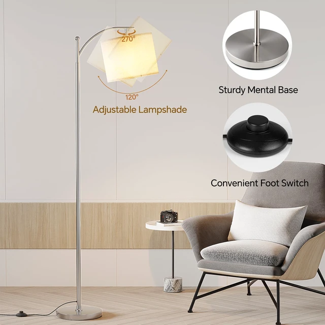 Alt view image 4 of 7 - Arc Floor Lamp, Modern Floor Lamp with 9W 3 Color Temperatures Bulb Metal Standing Lamps with Adjustable Hanging Lampshade,Tall Floor Lamps for Living Room,Bedroom, Office, Nickel
