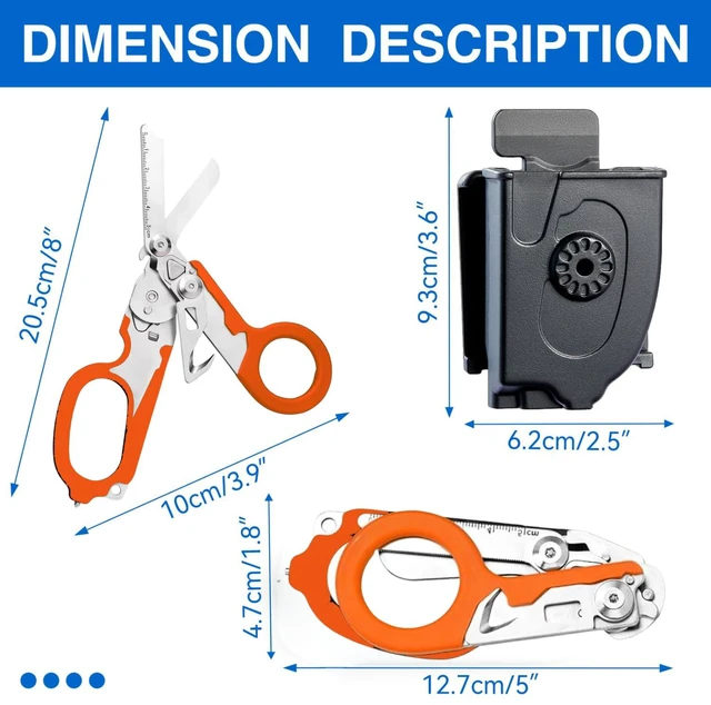 Alt view image 2 of 7 - Heavy Duty 6 in 1 Multifunctional Trauma Shears Foldable | Stainless Steel emergency response scissors | Survival Shears with Holster | Medical Trauma shears Tactical With Strap Cutter | Orange
