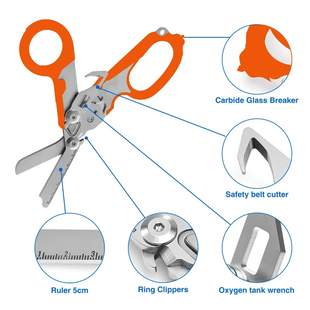 Alt view image 3 of 7 - Heavy Duty 6 in 1 Multifunctional Trauma Shears Foldable | Stainless Steel emergency response scissors | Survival Shears with Holster | Medical Trauma shears Tactical With Strap Cutter | Orange