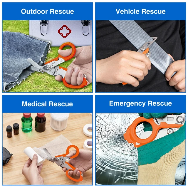 Alt view image 5 of 7 - Heavy Duty 6 in 1 Multifunctional Trauma Shears Foldable | Stainless Steel emergency response scissors | Survival Shears with Holster | Medical Trauma shears Tactical With Strap Cutter | Orange