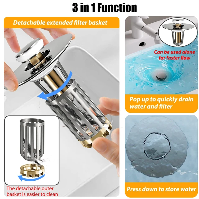Alt view image 3 of 6 - 3 in 1 Pop Up Bathroom Sink Stopper, Bathroom Sink Drain Strainer with Removable Basket Hair Catcher, Universal Sink Plug Cover for 1.06 in to 1.6 in Drain, Brushed Nickel