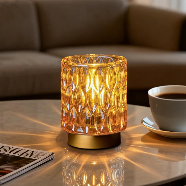 Main image of Battery Operated Table Lamp Timer, Small Cordless Lamps Decorative, Amber Mini Crystal Lamp for Area No Plug, LED Battery Powered Lamps Wireless, Glass Accent Light for Bathroom Fireplace Shelf Decor