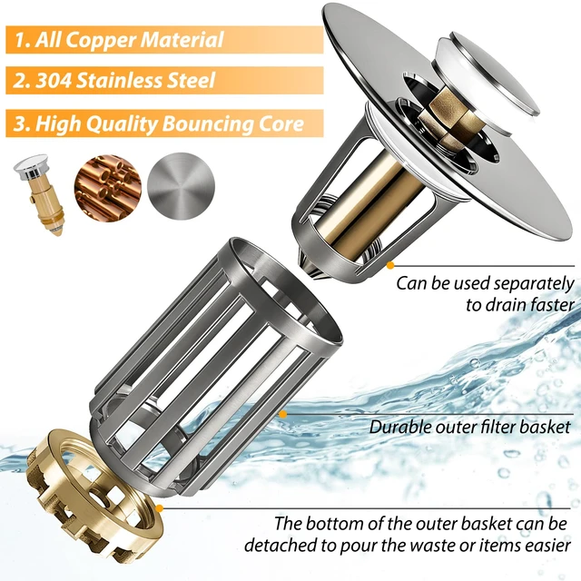 Alt view image 6 of 6 - 3 in 1 Pop Up Bathroom Sink Stopper, Bathroom Sink Drain Strainer with Removable Basket Hair Catcher, Universal Sink Plug Cover for 1.06 in to 1.6 in Drain, Brushed Nickel