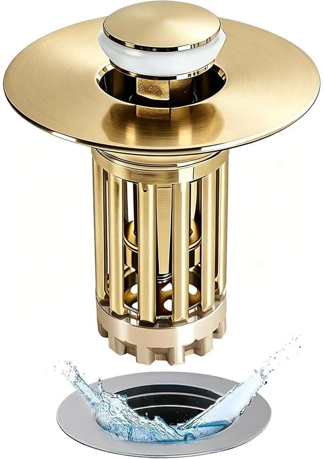 Main image of 3 in 1 Pop Up Bathroom Sink Stopper, Bathroom Sink Drain Strainer with Removable Basket Hair Catcher, Universal Sink Plug Cover for 1.06 in to 1.6 in Drain, Brushed Gold